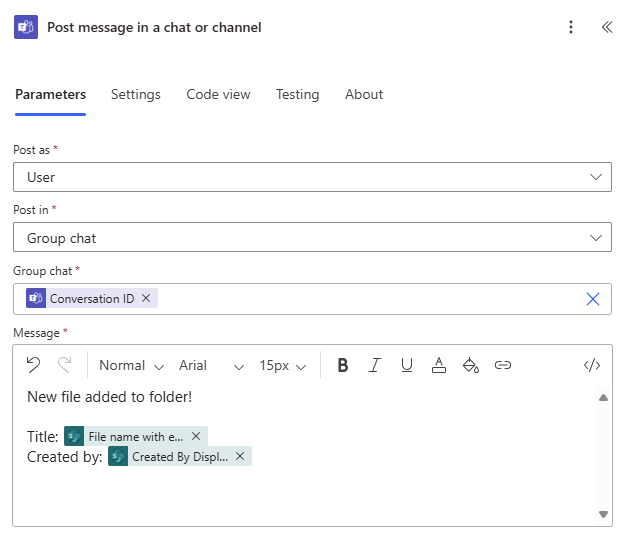 Screenshot showing Post a message in group chat as the user.