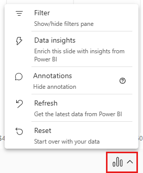 Screenshot of Power BI add-in for PowerPoint data options menu.