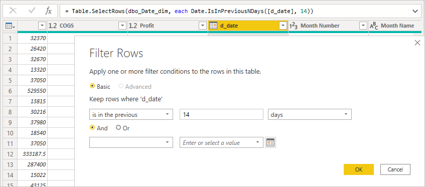 Screenshot of a Power Query step filtering for the last 14 days to show how relative date logic becomes a fixed literal.