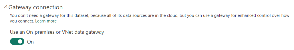 Screenshot of gateway connection section showing available personal and on-premises data gateways.