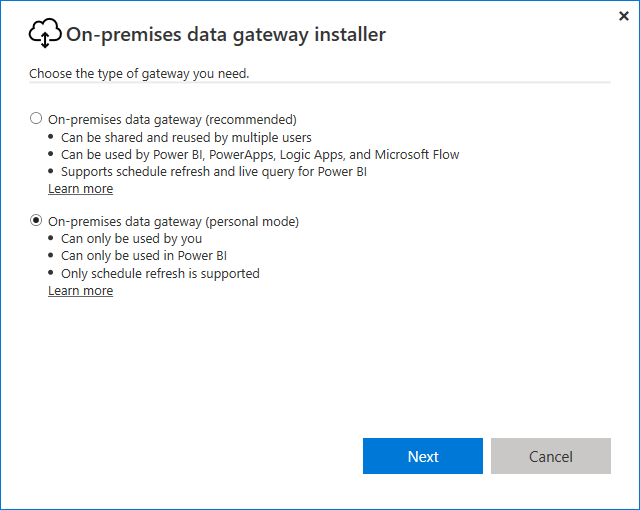 Screenshot of selecting the on-premises data gateway personal mode option in the installer.