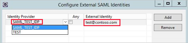 Screenshot of the Configure External SAML Identities window.