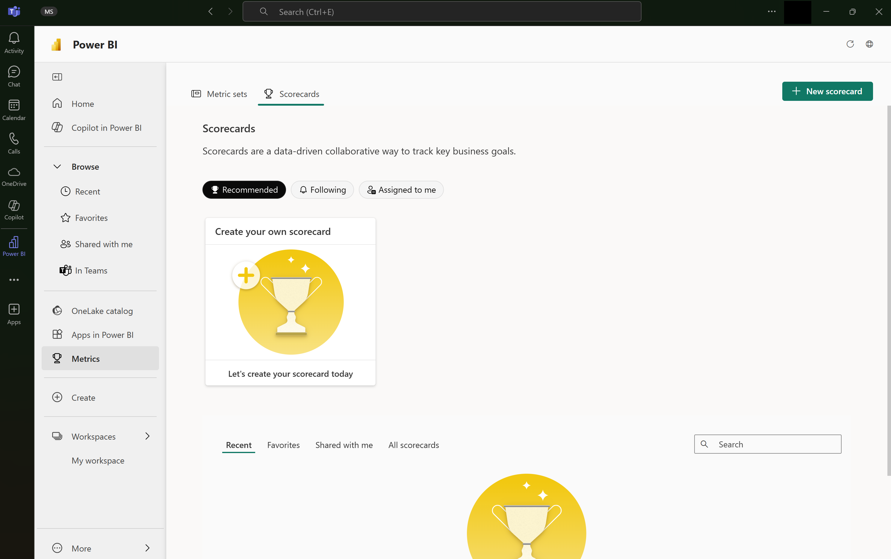 Screenshot showing the metrics home hub in Power BI.