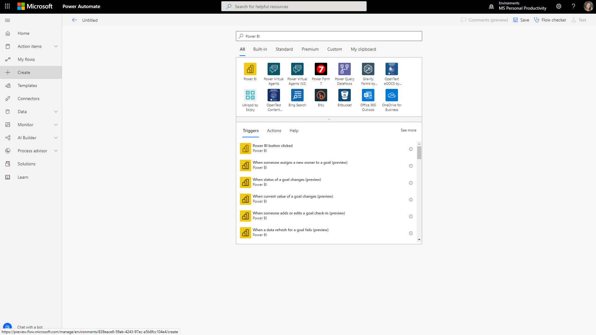 Screenshot of A list of actions and triggers after selecting the Power BI connector.