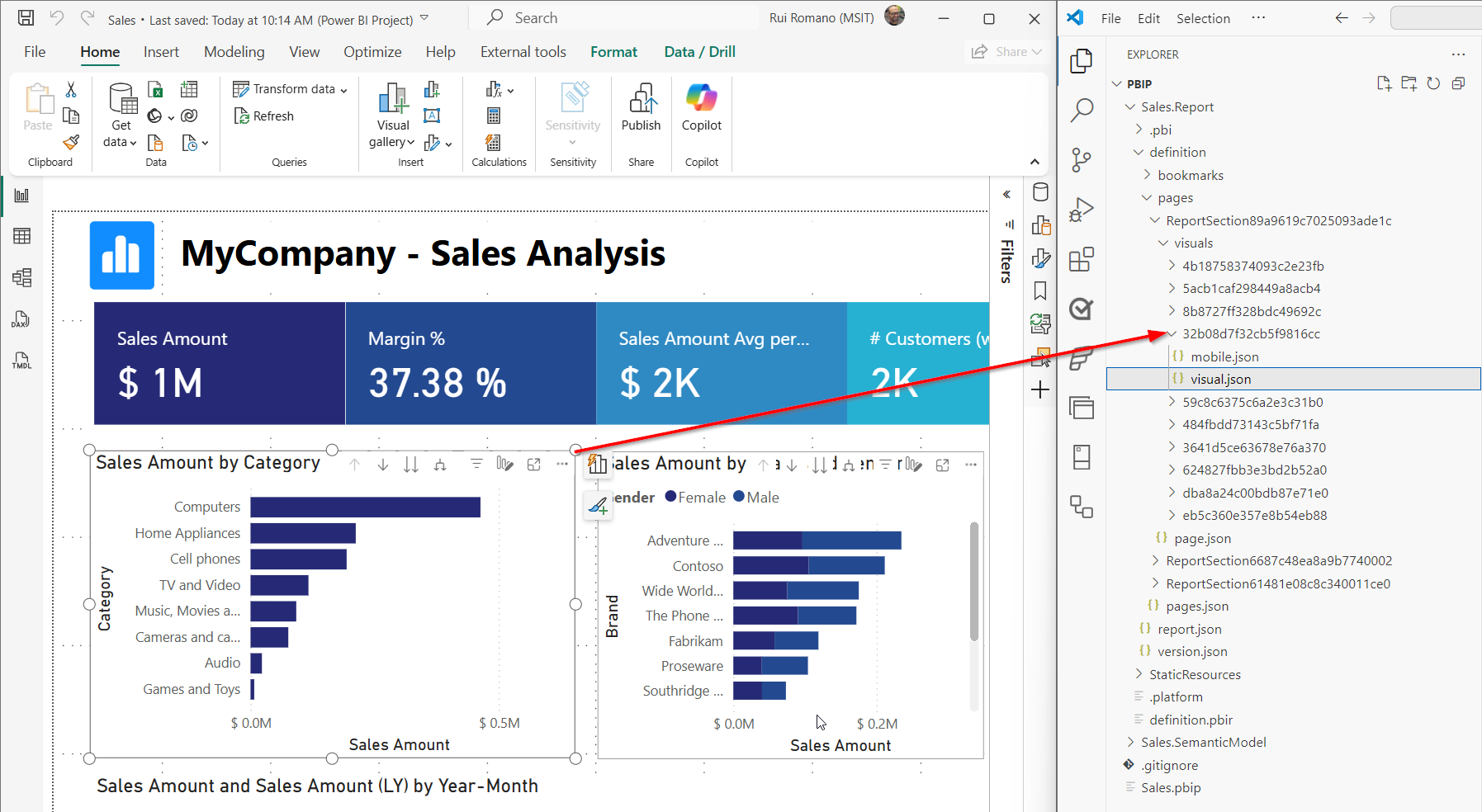 Screenshot of a report with an arrow pointing from one of the visuals to the name of its corresponding file.