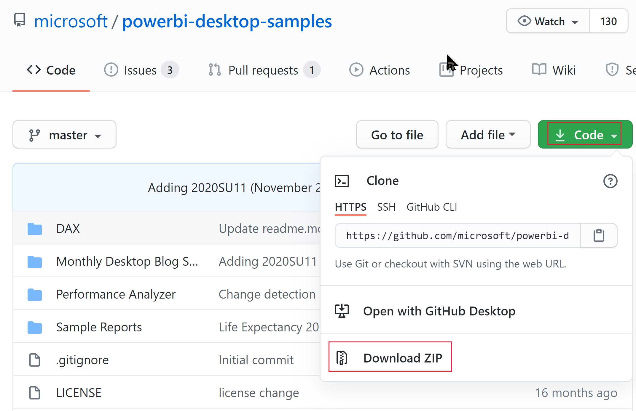 A screenshot showing the ZIP download option in the Power BI desktop samples GitHub.