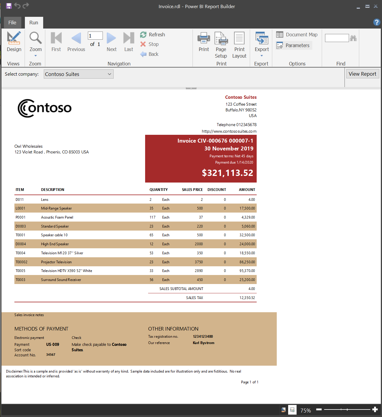 Screenshot of a sample invoice-style paginated report showing header, detail rows, and totals in Power BI Report Builder.