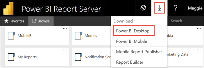 Screenshot of downloading Power BI Desktop from the web portal.