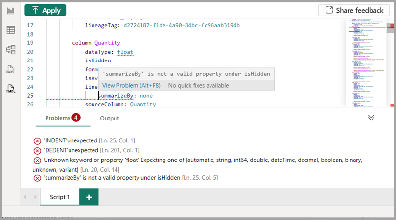 Screenshot of error diagnostics in the code editor.