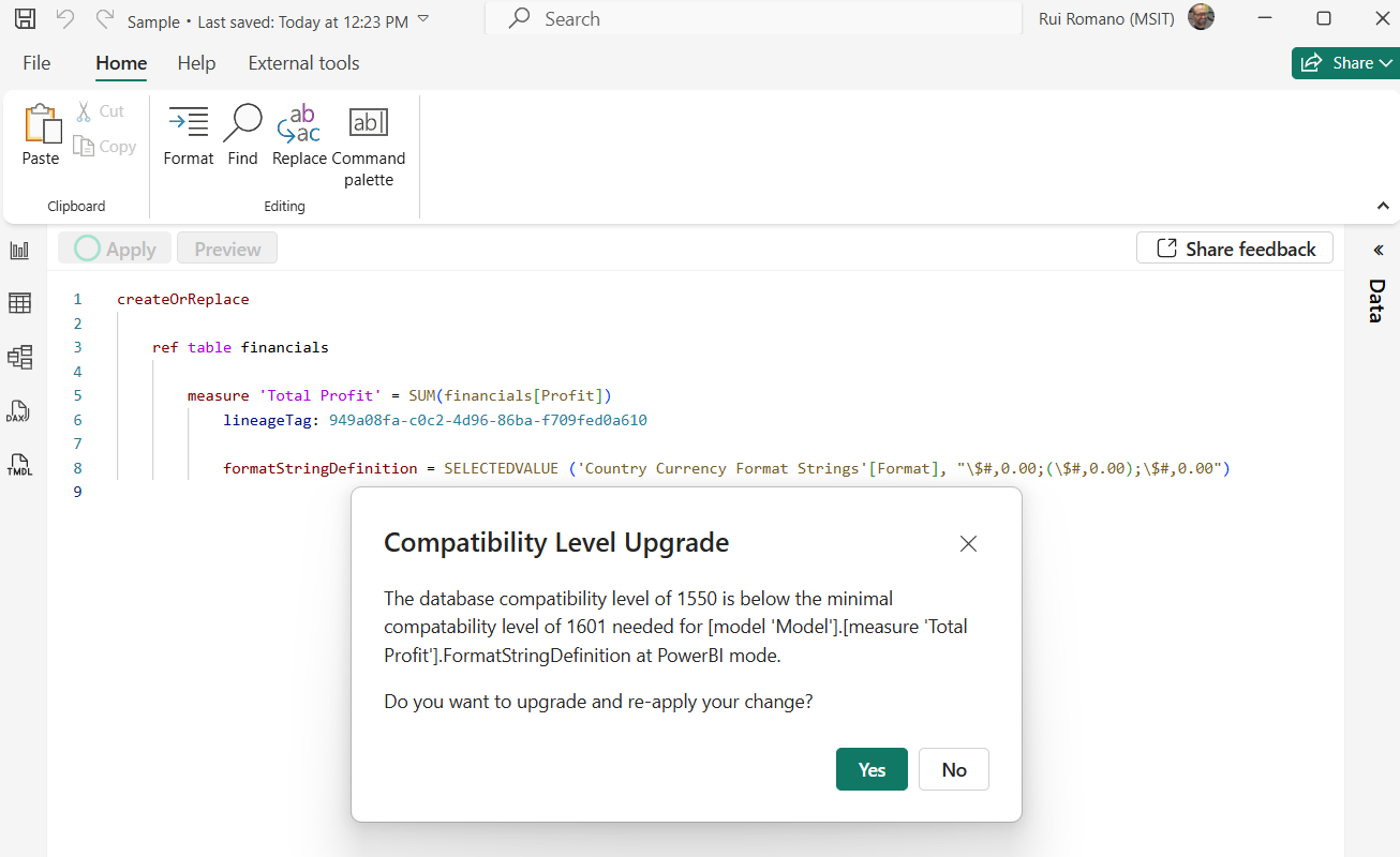 Screenshot of the TMDL view in Power BI with a Compatibility Level Upgrade prompt. The message indicates that the current compatibility level of 1550 is below the required level of 1601 for the FormatStringDefinition property and asks whether to upgrade and re-apply the change.