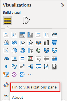 Screenshot of option to pin icon to Visualizations pane.