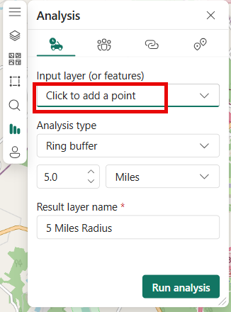 Screenshot of the Drive Time pane with Click to add a point selected before choosing the pinned airport.