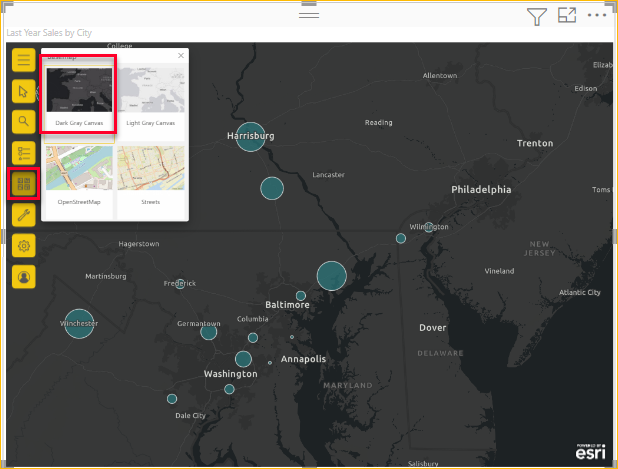 Screenshot of the Basemap gallery displaying Dark Gray Canvas, Light Gray Canvas, OpenStreetMap, and Streets options.