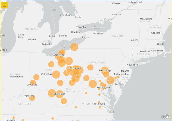 Screenshot of a map showing last year sales sized by value for U.S. cities.