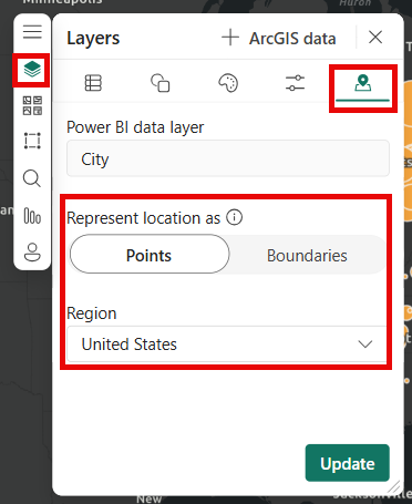 Screenshot of the Location type dialog listing country or region selection and boundary types such as states, counties, and ZIP Codes.