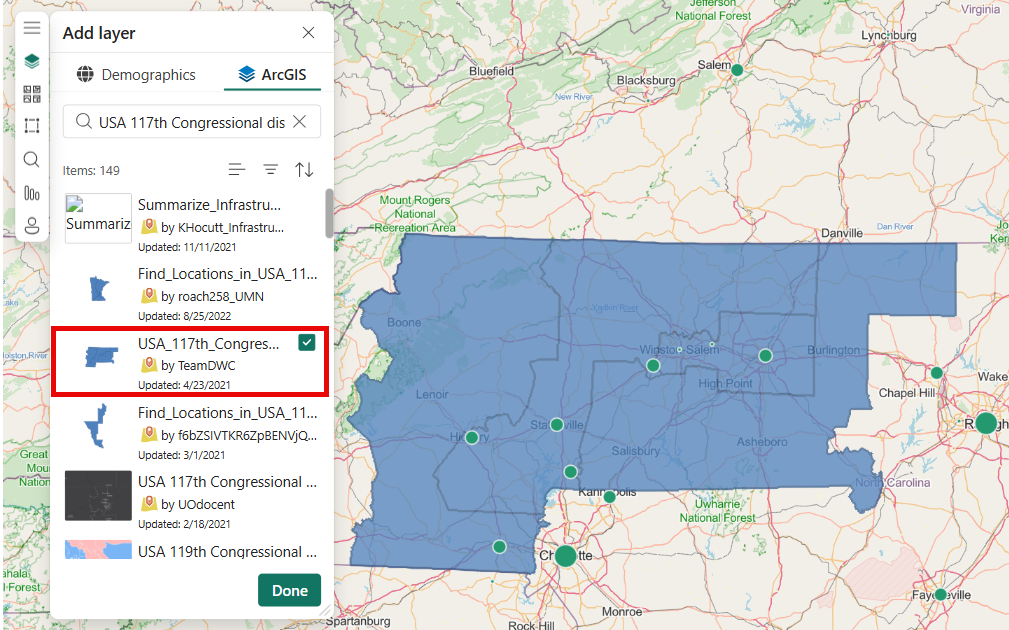 Screenshot of the map with the USA 117th Congressional Districts public reference layer highlighting district boundaries.
