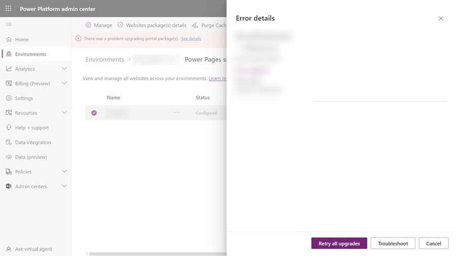 Page showing the details of the update error Page showing the details of the update error.