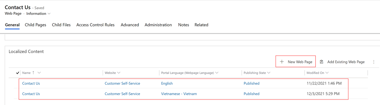 Screenshot of page with add new web page option
