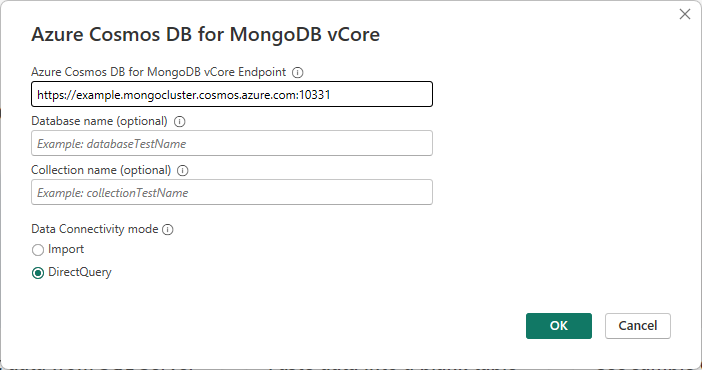 Screenshot showing Azure Cosmos DB for MongoDB vCore database connection.