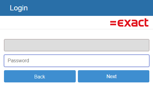 Screenshot showing Exact Online login screen.