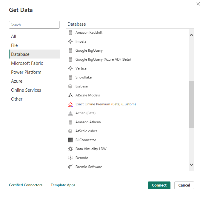 Get Data screen showing Exact Online Premium connector under Database section.