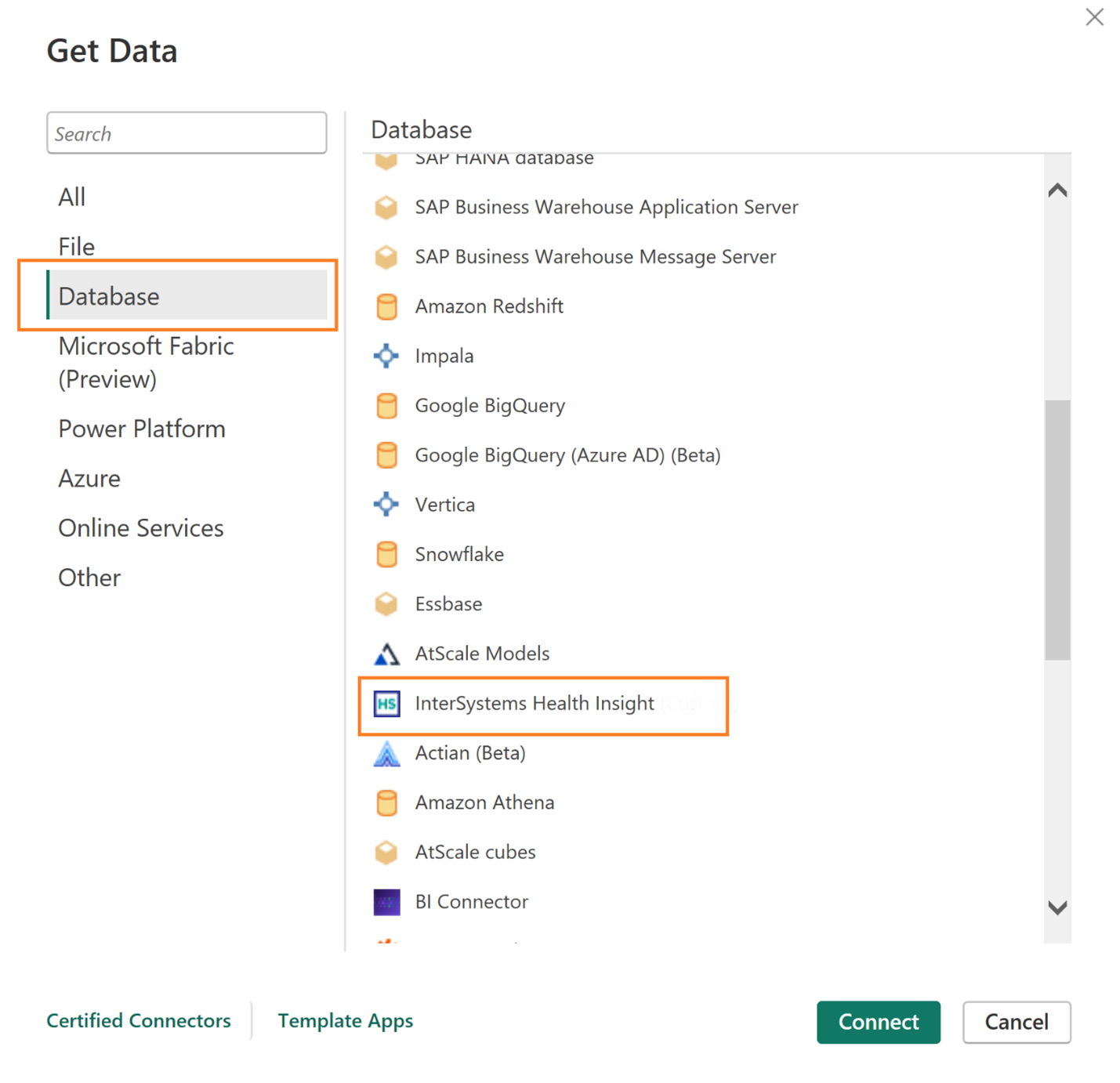 Screenshot of the Get data dialog with the connector emphasized.