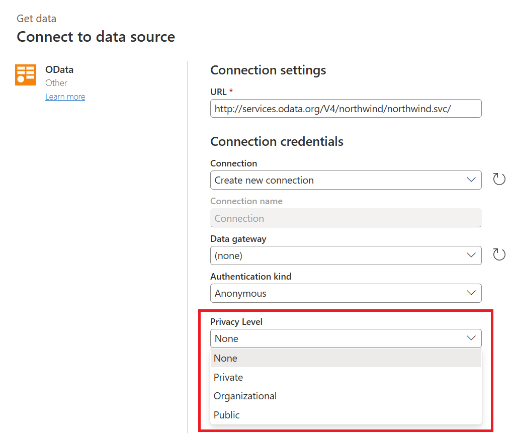 Screenshot of the sample OData connect to data source dialog with the privacy levels emphasized.
