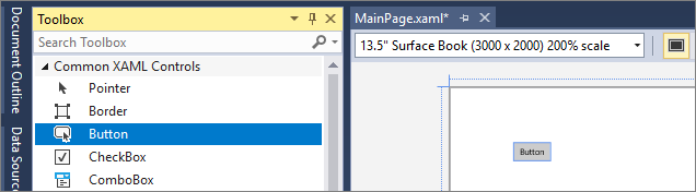 Screenshot&nbsp;showing 'Button' highlighted in the Toolbox window and a Button control&nbsp;on&nbsp;the&nbsp;design canvas.