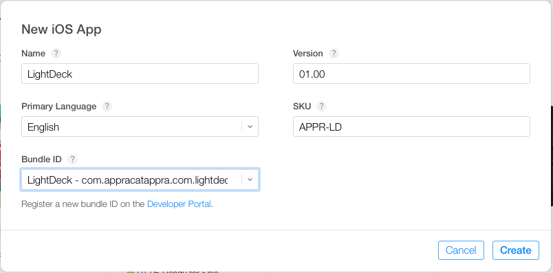 The New iOS App dialog