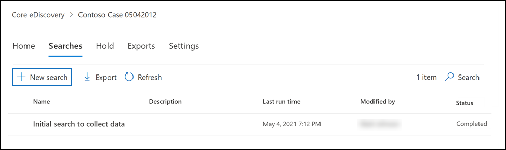 Select New search to create a eDiscovery (Standard) search search.