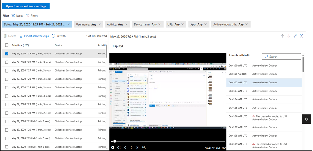 Insider Risk Management forensic evidence captured clips list.