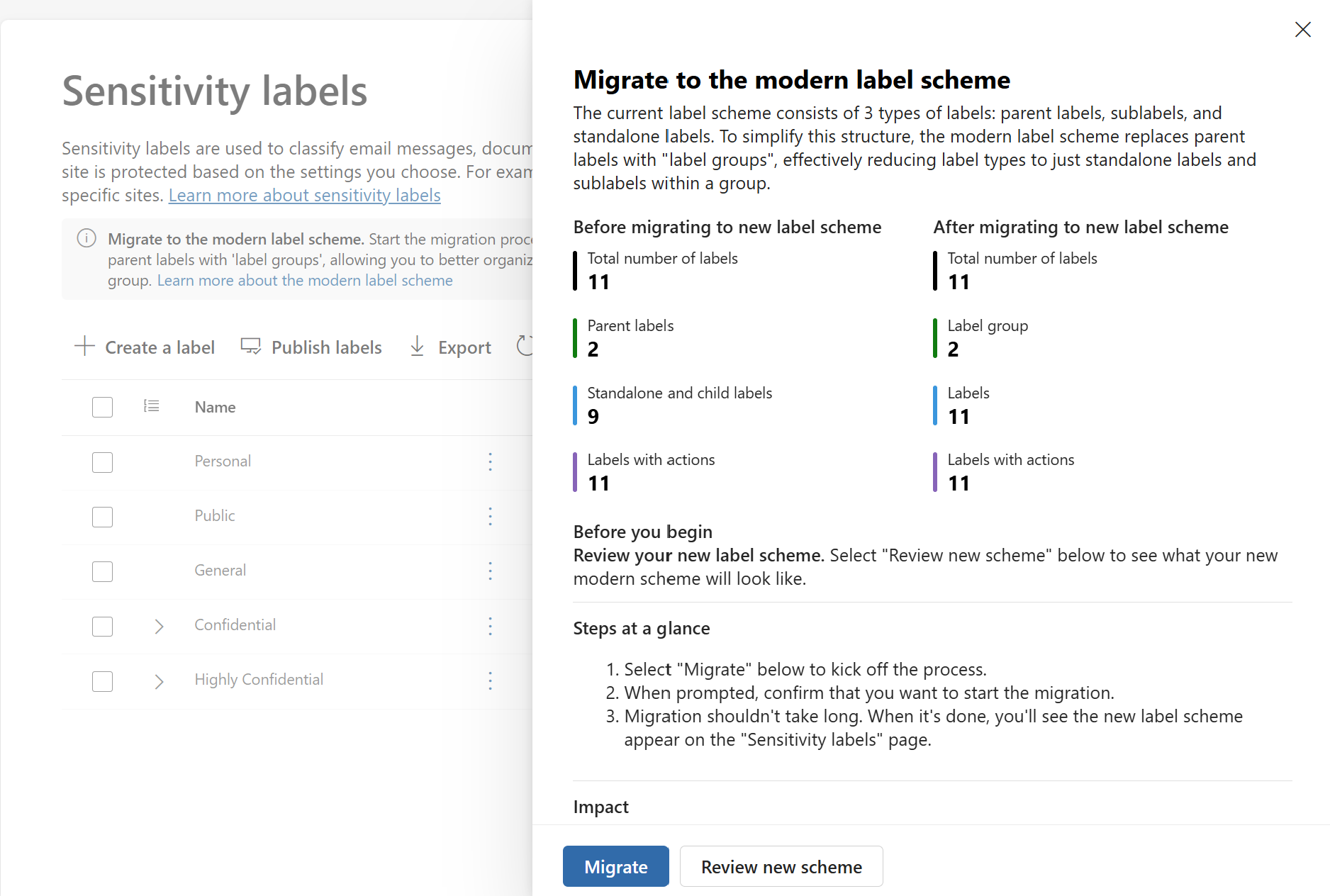 Label migration flyout pane from the Sensitivity labels page to migrate to the modern label scheme.