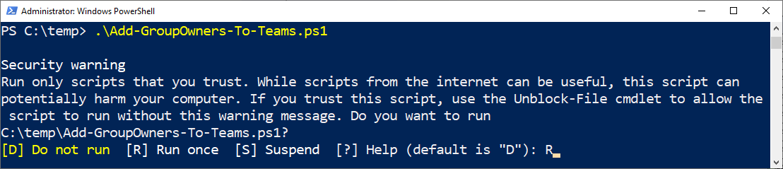 Screenshot shows where you enter R for Run Once.