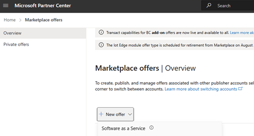 The Microsoft Partner Center home page showing the button for New Offer.