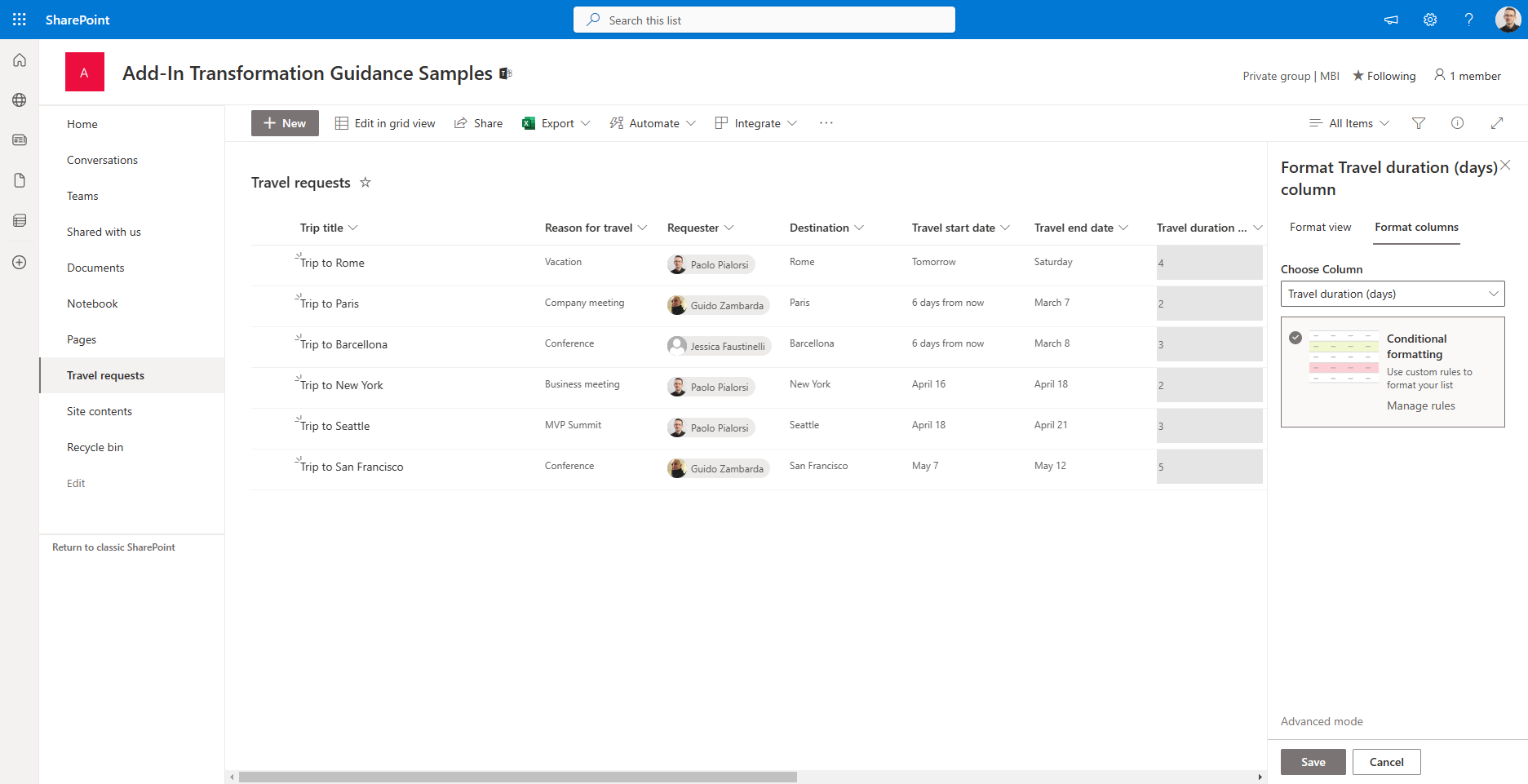 The side panel to configure custom column rendering for the selected column. There is the option to choose "Conditional formatting" for the current column.