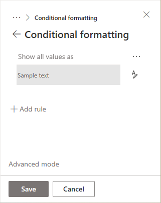 The side panel when showing the conditional formatting rules for the selected column.