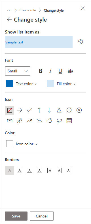 The side panel when defining a custom style. You can define custom font, text and fill color, icon, icon color, and borders.