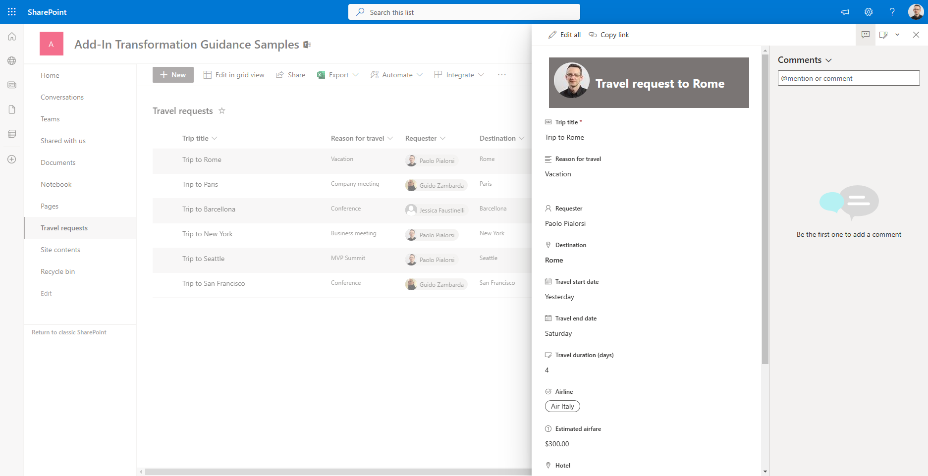 The UI of the header customization, showing the avatar of the requester and the destination of the trip in a box.