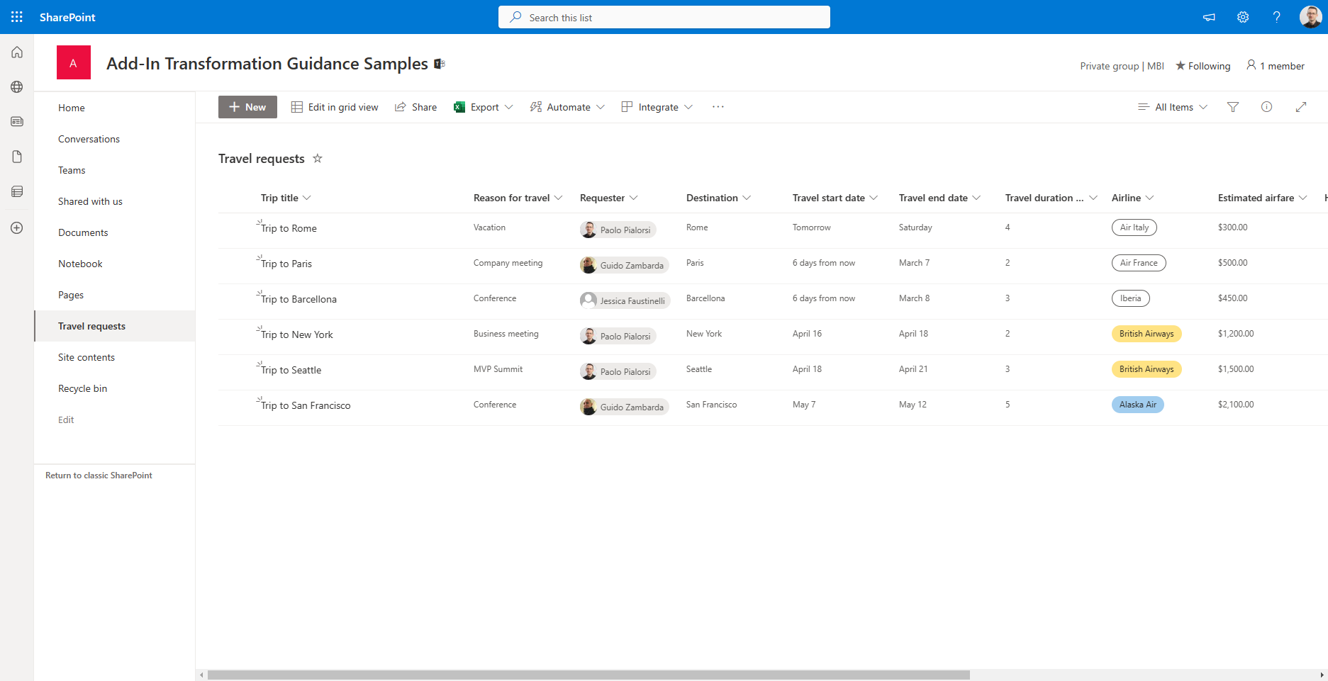 A list of Travel requests with out of the box formatting, which already includes some nicely rendered fields like airline.