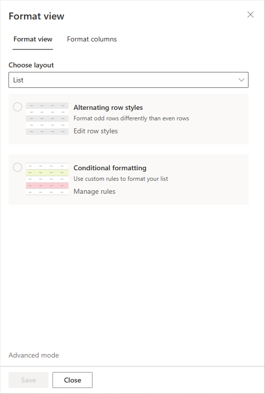 The side panel to choose between "Alternating row style" or "Conditional formatting".