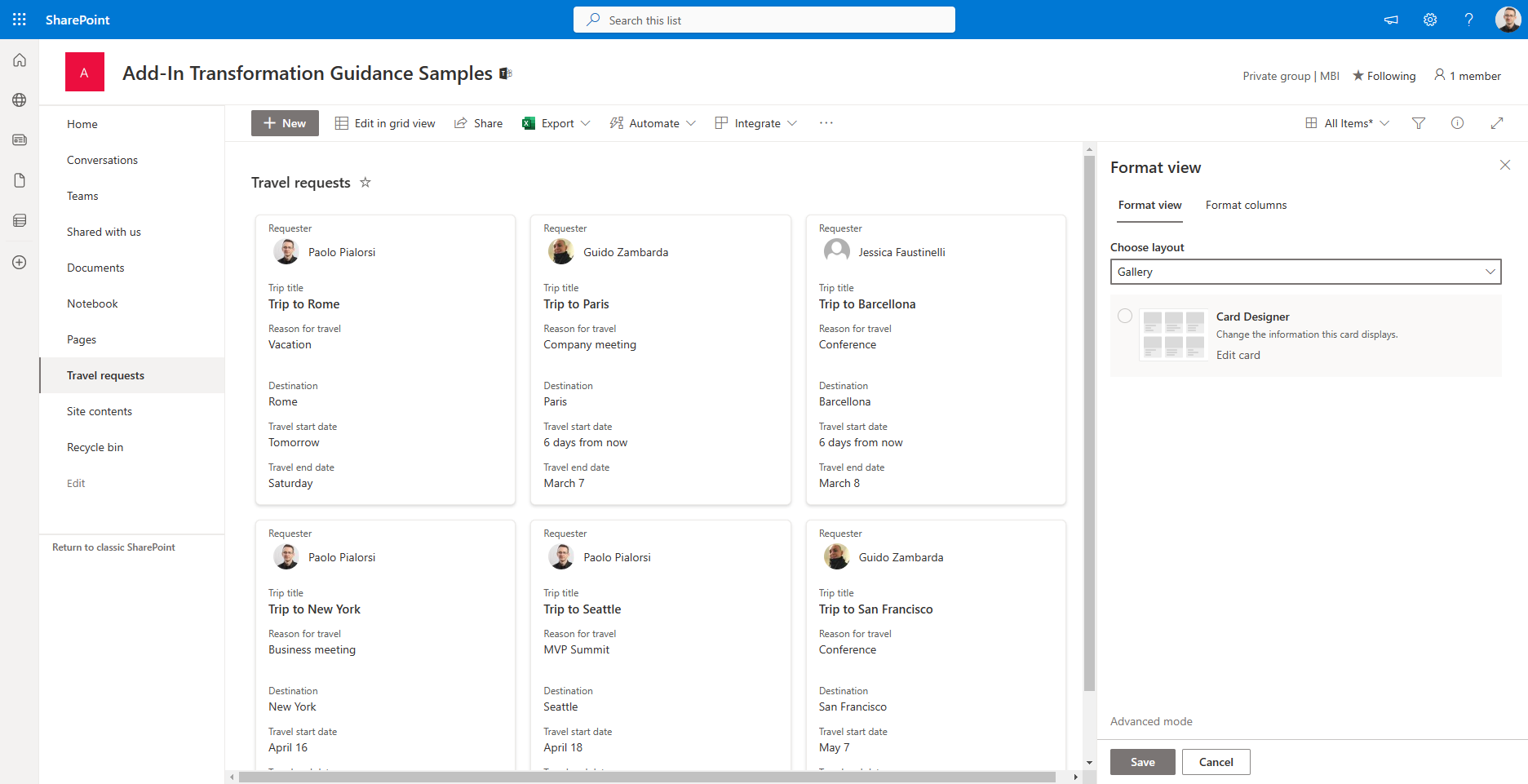 The side panel to configure the Gallery layout and the "Card designer".