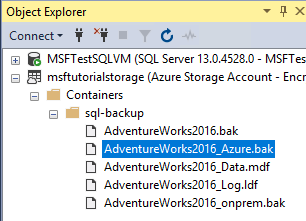 Screenshot from Object Explorer in SSMS showing the snapshot backup on Azure.