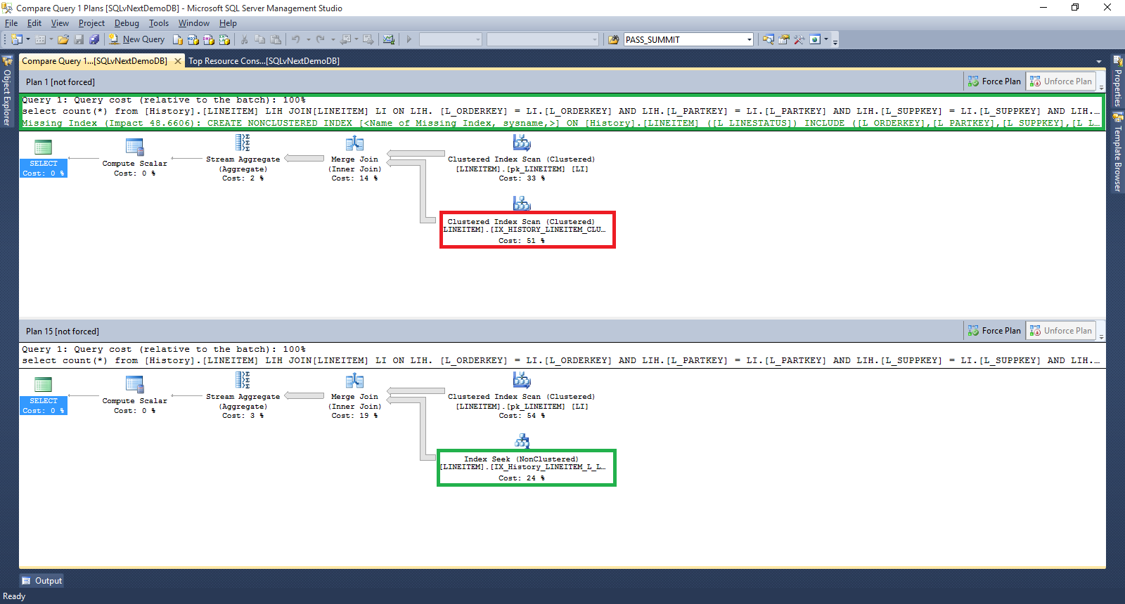 query-store-usage-4 Screenshot showing the Query Store and the Compare the plans for the selected query in a separate window toolbar option.