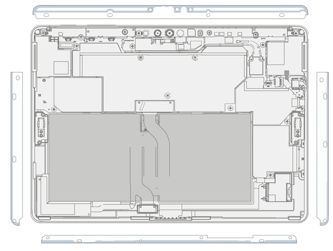 Diagram that shows placement of four PSA adhesive strips along chassis outline with blue liners intact.
