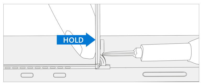 Diagram that shows the two hinge screw locations being removed with a T4 Torx driver while a finger supports the kickstand.