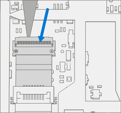 Diagram that shows SD slot FPC with locking tab lifted for disconnection.