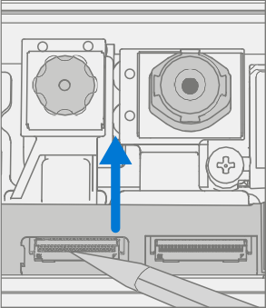Diagram that shows IR camera FPC locking tab lifted for disconnection.