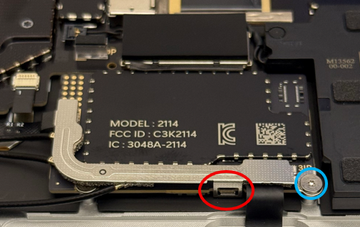 Screenshot that shows aligning the 5G module bracket and fastening the bracket screw to the keyboard chassis.