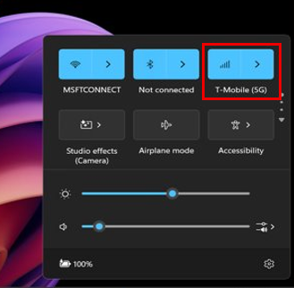 Screenshot that shows the Windows connectivity icon in the taskbar indicating cellular/5G connectivity is active.