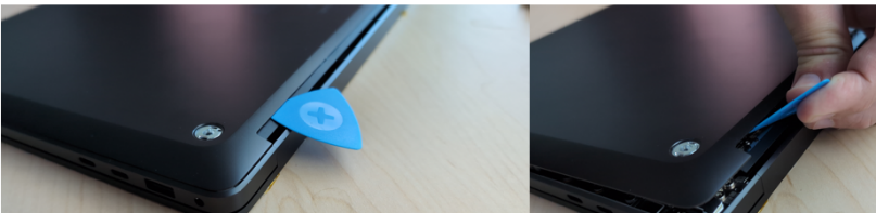 Screenshot that shows inserting a plastic opening pick between the enclosure and keyboard assembly to separate the enclosure.